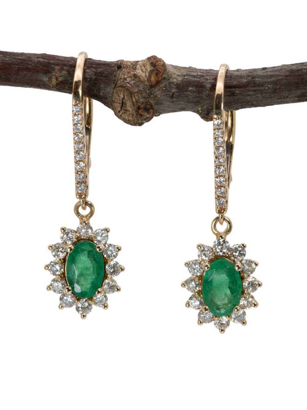 Zambian Emerald & Diamond Sunburst Earrings in Solid 14k Yellow Gold